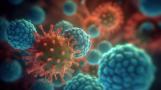 药物实验背景图片_具有 3d 病毒细胞的模糊医学背景