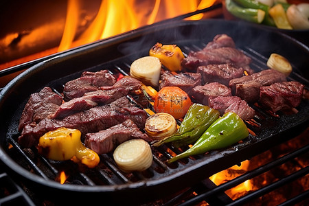 肉牛肉背景图片_牛肉和蔬菜配蔬菜正在放在烤架上