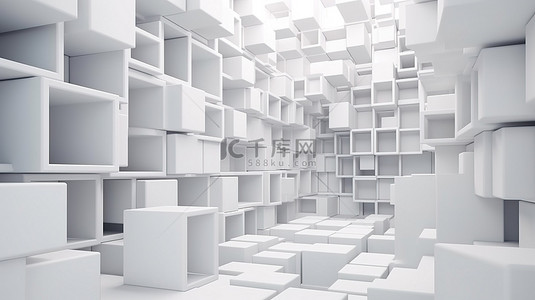 艺术背景设计 3d 渲染墙壁和地板上一堆未来主义的白色方形和圆形立方体盒子