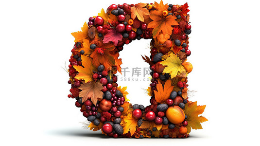 秋季红叶背景图片_3D 渲染字体与秋季浆果和树叶