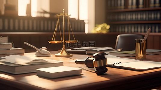 律师办公室背景图片_律师办公室的 3d 渲染，配有司法秤法官木槌和桌上的文件