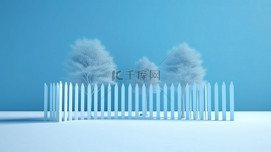 冬季仙境最小 3D 渲染卡通风格的蓝色场景与雪蓝色的树和栅栏