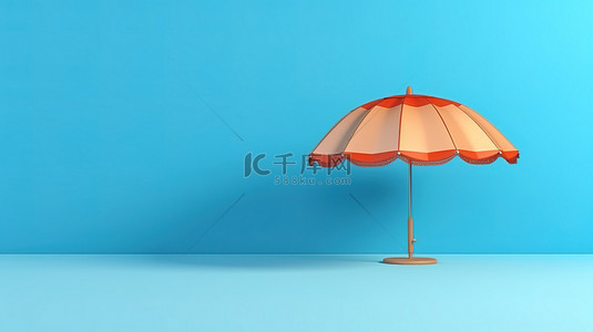 蓝色背景上的 3D 渲染沙滩伞非常适合您的暑假概念，带有横幅和复制空间