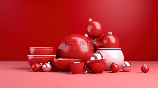 纯红色背景图片_3D 渲染的纯红色背景中的圣诞装饰品