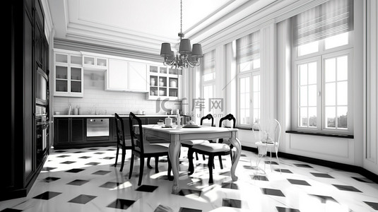 经典风格的时尚黑白厨房和餐厅的 3D 渲染