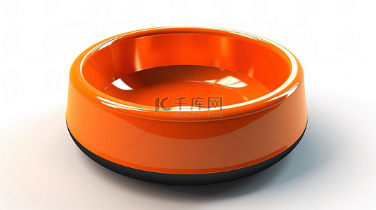 白色背景隔离橙色塑料宠物碗的 3D 插图，用于狗或猫