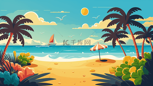 海滩椰树卡通背景图片_夏季海滩椰树帆船扁平