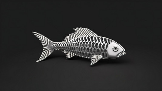 具有鱼骨设计的单色轮廓动物图标的单色 3D 渲染