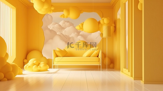 在 3D 渲染中有云漂浮顶视图的黄色抽象房间