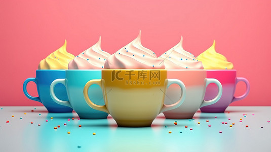 充满活力的粉色和蓝色背景上带有奶油的活泼杯子，3D 渲染插图