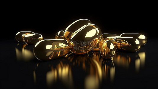 全景布局黑色背景的 3D 渲染与胶囊形式的金色药丸