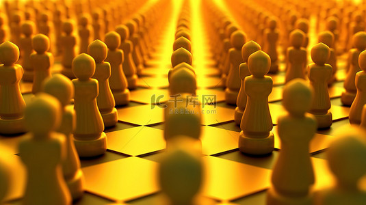 明亮的棋盘透视抽象 3D 插图中的黄色男性剪影人群