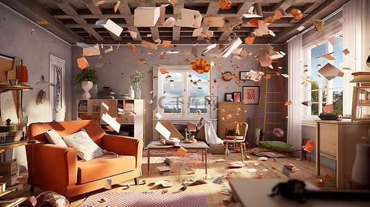 房屋内部的混乱 3D 渲染，飞行物体描绘混乱和混乱