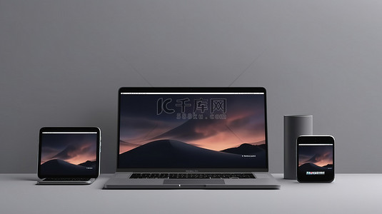 灰手背景图片_一套以 3D 渲染方式呈现笔记本电脑平板电脑和手机的独立灰色模型