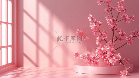 粉色浪漫素材背景图片_产品展示花朵粉色展台背景素材
