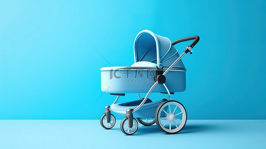 护理婴儿背景图片_当代双色调蓝色婴儿车婴儿车和婴儿车模型，蓝色背景上具有 3D 渲染