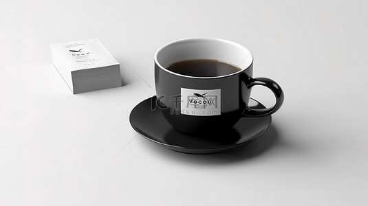 飲水背景图片_白色背景 3D 渲染上呈现的红茶杯样机上的空白白色茶袋标签