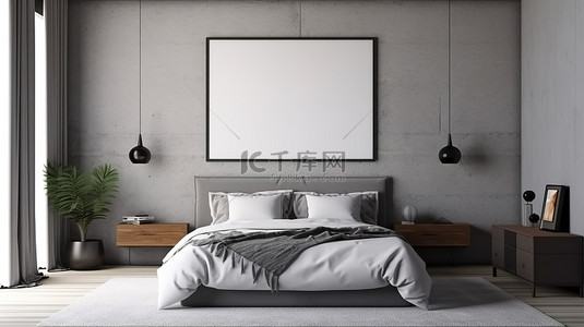 时尚的灰色卧室模型空白海报框架，配有以 3D 渲染的床支撑的垫子