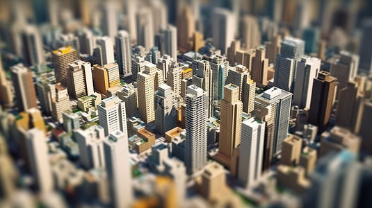 城市景观鸟瞰图，重点关注低矮建筑模糊的摩天大楼和 3D 渲染中的抽象背景