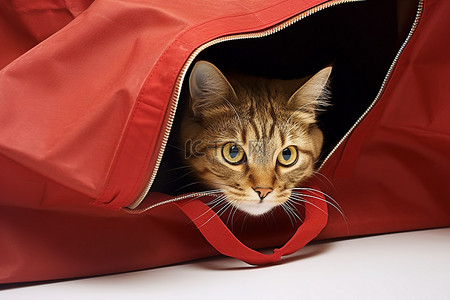 一只躲在红色大礼品袋里的虎斑猫