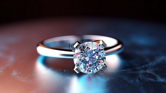 订婚请帖背景图片_带有令人惊叹的钻石订婚戒指的蓝色盒子的 3D 渲染