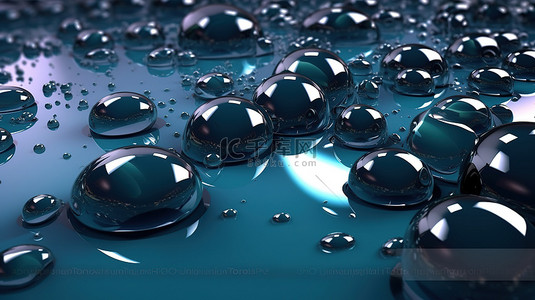 3d 抽象表面上闪闪发光的蓝色球体和水滴