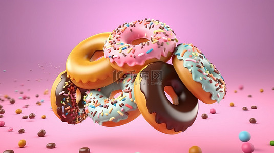 吃蛋糕吃蛋糕背景图片_各种釉面飞行甜甜圈与巧克力片和洒在柔和的彩色 3D 渲染背景上