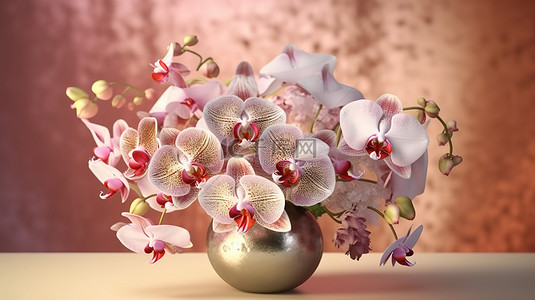 精致的兰花排列在微妙的纹理背景 3D 渲染上