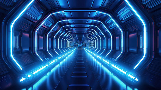 3d 霓虹灯太空飞船隧道的未来派走廊