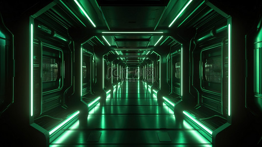 科幻朋克背景图片_黑色背景下 3D 渲染中的科幻插图霓虹灯绿色发光太空飞船走廊