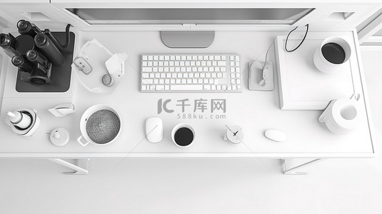 桌面用品背景图片_白色电脑桌的顶视图 3D 插图，配有咖啡杯相机和 3D 渲染的用品