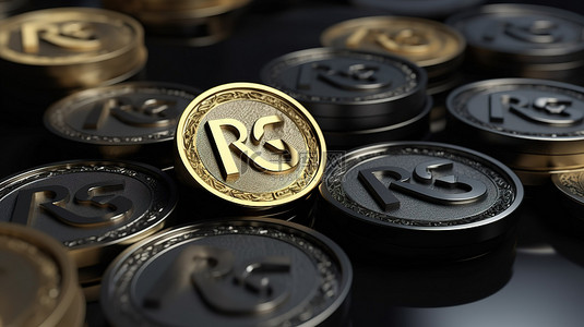3D 渲染中金属金币和黑币堆上 rsr 和 rsv 符号的特写视图