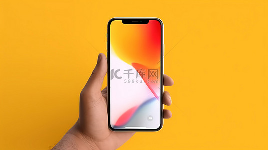 黄色背景下手持的 3D 渲染模型智能手机