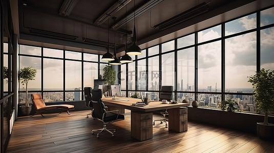 1 现代联合办公空间，拥有城市景观开放式天花板和时尚家具 3D 渲染图像