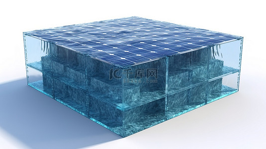 能源利用背景图片_在白色背景上隔离的水立方的 3D 渲染横截面视图，蓝色太阳能电池板利用来自海洋的清洁能源