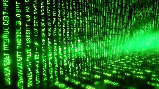 发光的绿色二进制代码数字在屏幕上翱翔，非常适合技术编码和计算机主题 3D 渲染