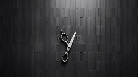3D 渲染理发剪刀挂在黑墙上完美的理发店配件