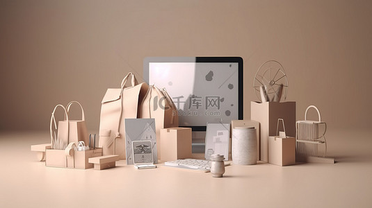 在线商务背景图片_基于网络的 3D 购物 3D 呈现的在线零售的未来概念
