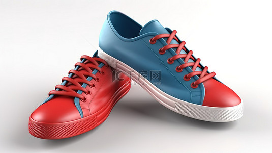 时尚的 3D 渲染红色和蓝色鞋类，带有泡沫鞋底和带子，在干净的白色背景侧视图上