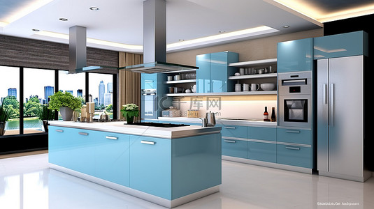 现代厨房设计与现代电器 3D 渲染