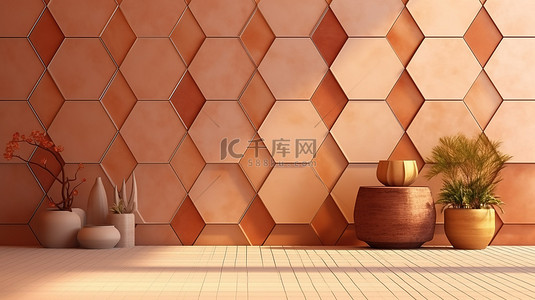 陶器背景图片_客厅内部的一角设有六边形赤土陶器和米色瓷砖装饰墙空间，用于以 3D 渲染的文本