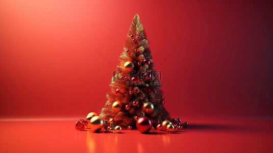 圣诞树的节日 3D 渲染在模糊的红色背景上，有足够的空间用于品牌和文字