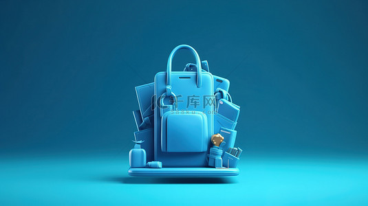 购物商店背景图片_电子商务概念化购物袋和智能手机在蓝色讲台上的 3D 插图