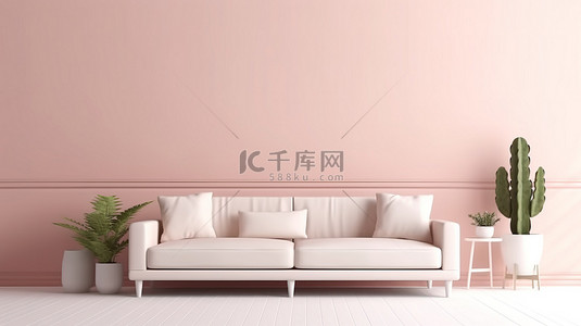 粉红色灯光背景图片_单色粉红色起居空间，配有沙发桌和仙人掌花瓶 3D 渲染的室内房间