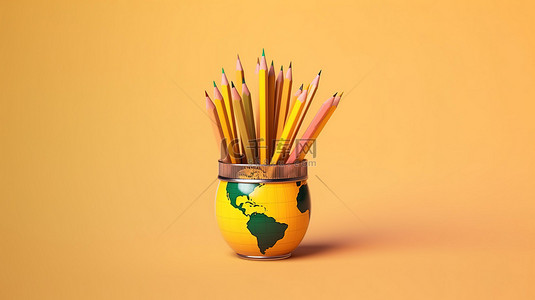全球小跑铅笔和毕业帽与空白空间 3d 渲染