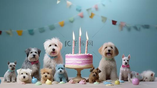 狂欢可爱背景图片_犬类庆祝活动 狗的生日狂欢的 3D 渲染