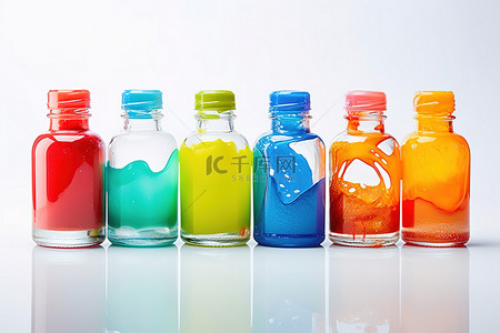 美甲美睫字体背景图片_白色表面上排列着各种玻璃瓶，显示有色液体