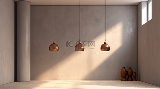 天花板灯和空白空间灯在 3D 渲染中的光滑混凝土彩色墙壁上投射辐射光