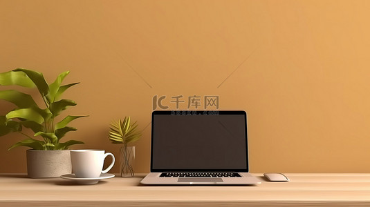 设计师背景图片_办公桌上笔记本电脑屏幕的真实 3D 渲染，配有绿色植物和咖啡杯