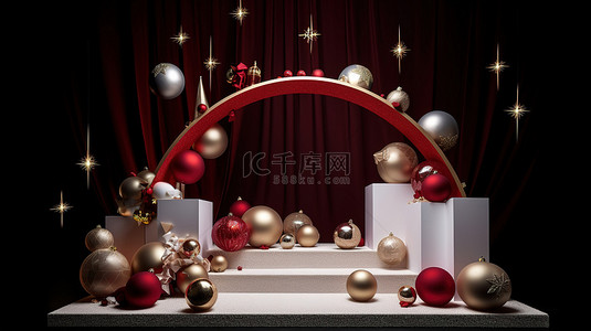 圣诞丝带铃铛背景图片_圣诞节庆祝 3d 讲台装饰着铃铛礼品盒和节日球